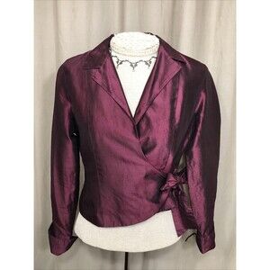 Kate Hill 100% Silk Burgundy Wrap Blouse Size 8P Elegant Evening Top Long Sleeve